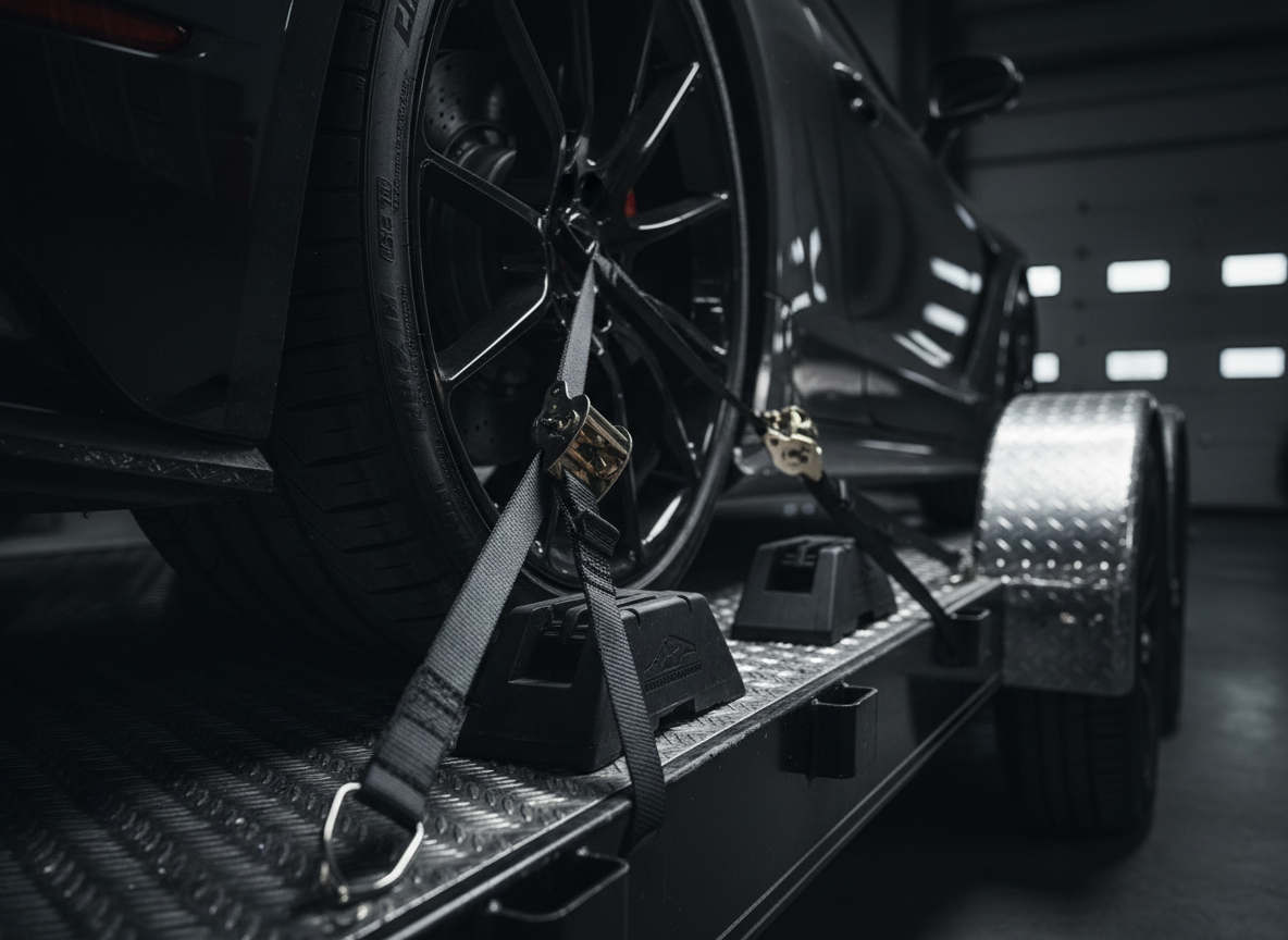 Professional ratchet straps securing a vehicle