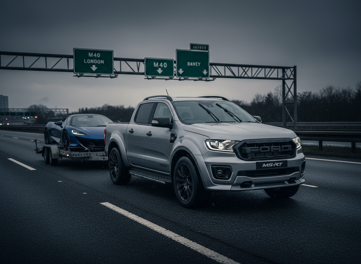 2025 Silver MS-RT Ford Ranger towing car trailer