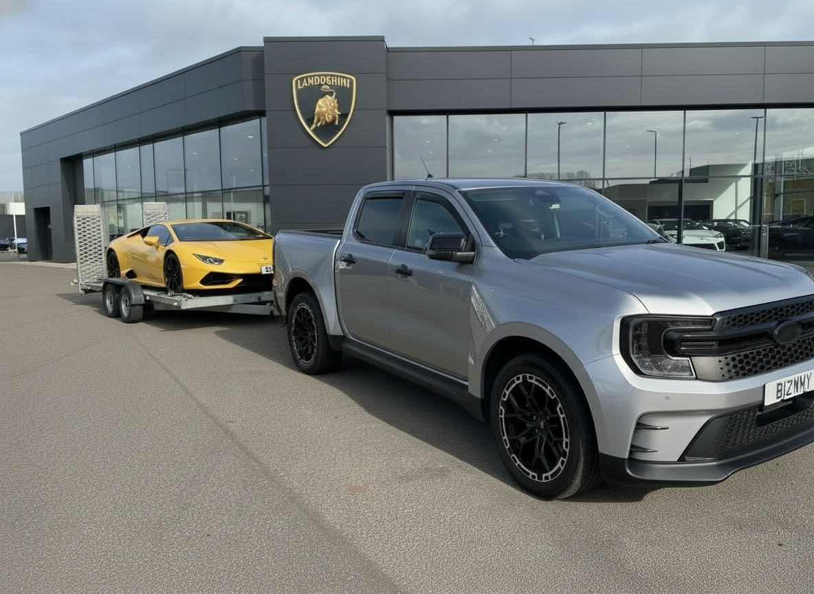 Cart\x00f6r MS-RT Ford Ranger delivering a yellow Lamborghini at a dealership