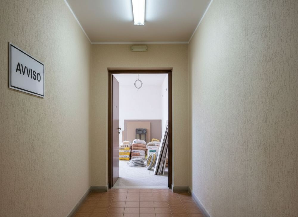 Cantiere di ristrutturazione appartamento a Bologna con operai, materiali edili e attrezzatura da lavoro