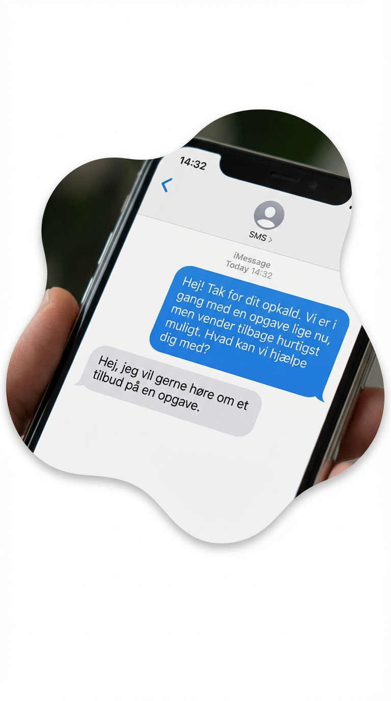 Automatisk SMS-svar sendt til kunde efter misset opkald - Cliro AI kundeservice viser besked på mobil for håndværkere i Danmark