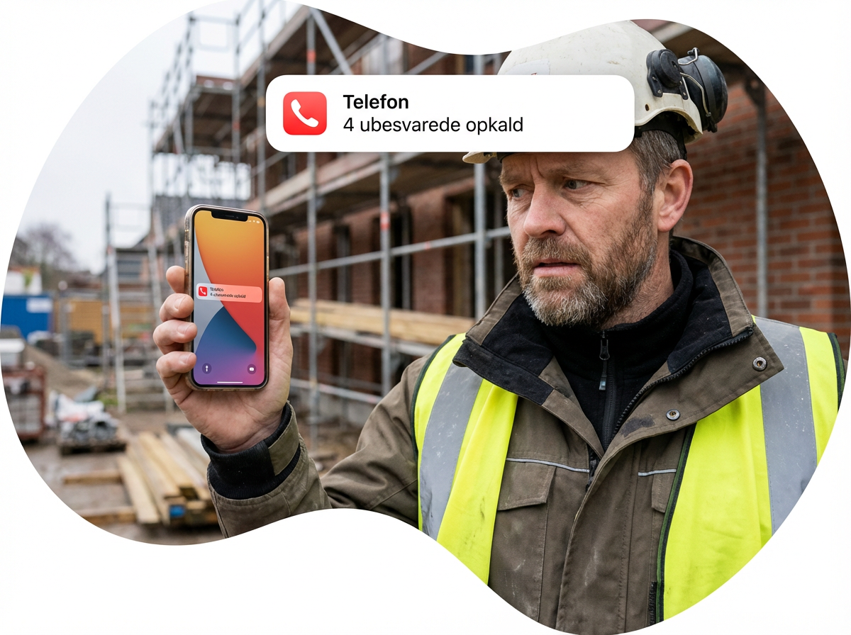 Dansk håndværker der modtager misset opkald på smartphone - Cliro AI kundeservice sender automatisk SMS og fanger leads for tømrere, elektrikere og VVS