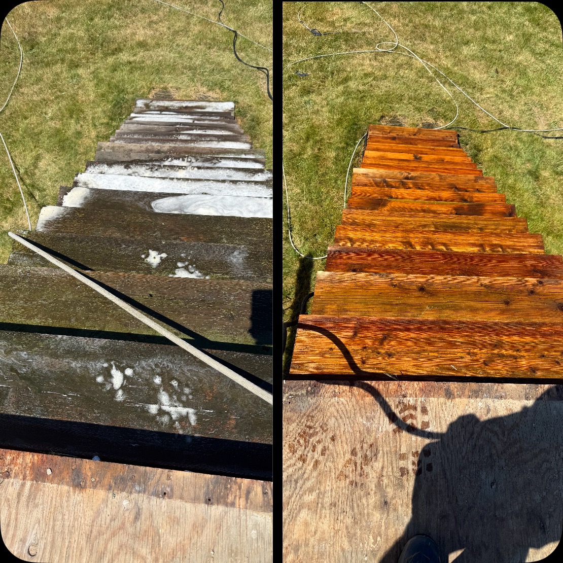 Wood stairs before and after wash