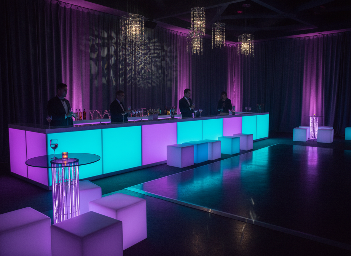 LED furniture hire at a luxury event with glowing cubes, bars and tables