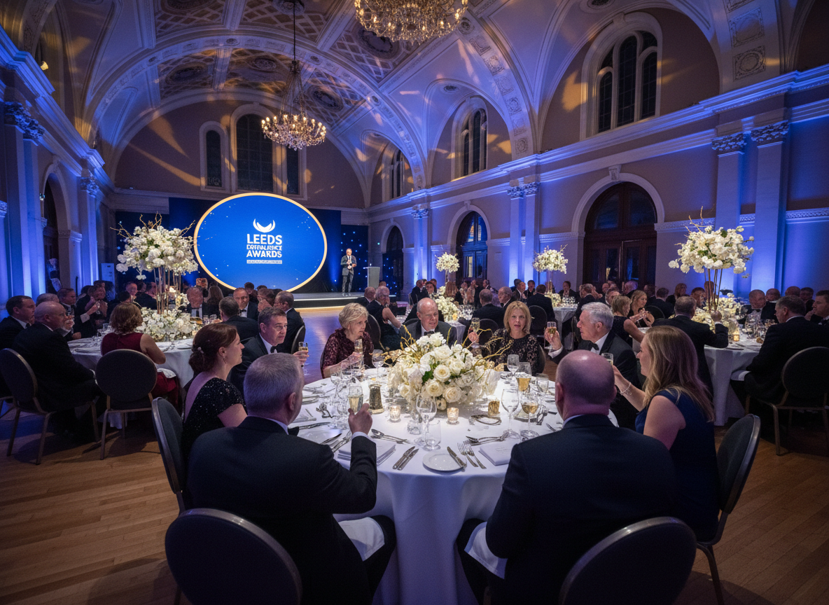 Luxury corporate awards dinner in a stunning Leeds grand ballroom with gold and blue lighting