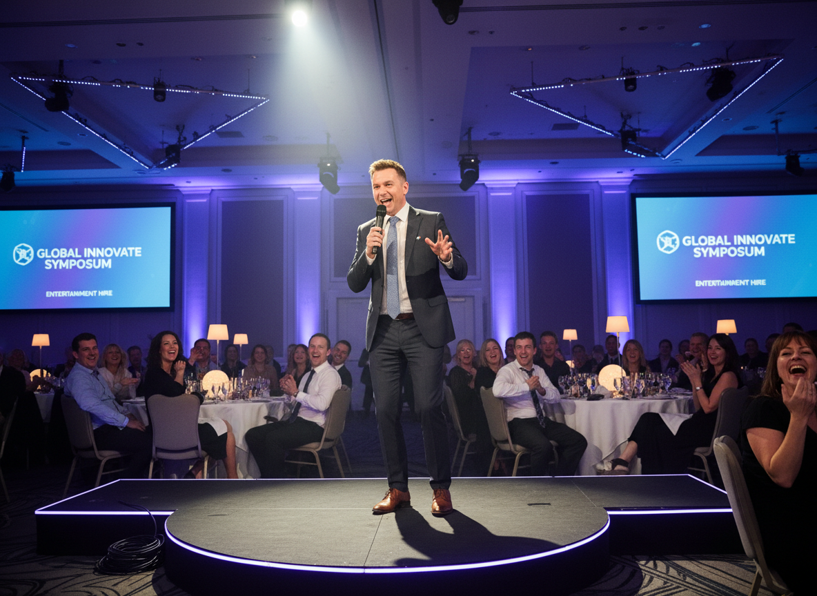 Professional comedian performing at a corporate event