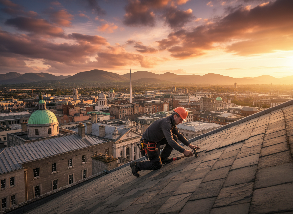 Professional roofers working on a roof in Dublin