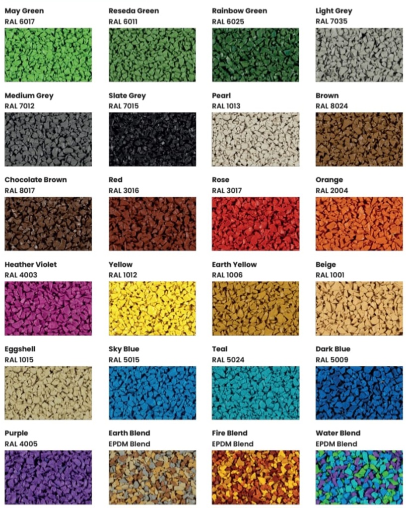 Wetpour rubber colour options chart