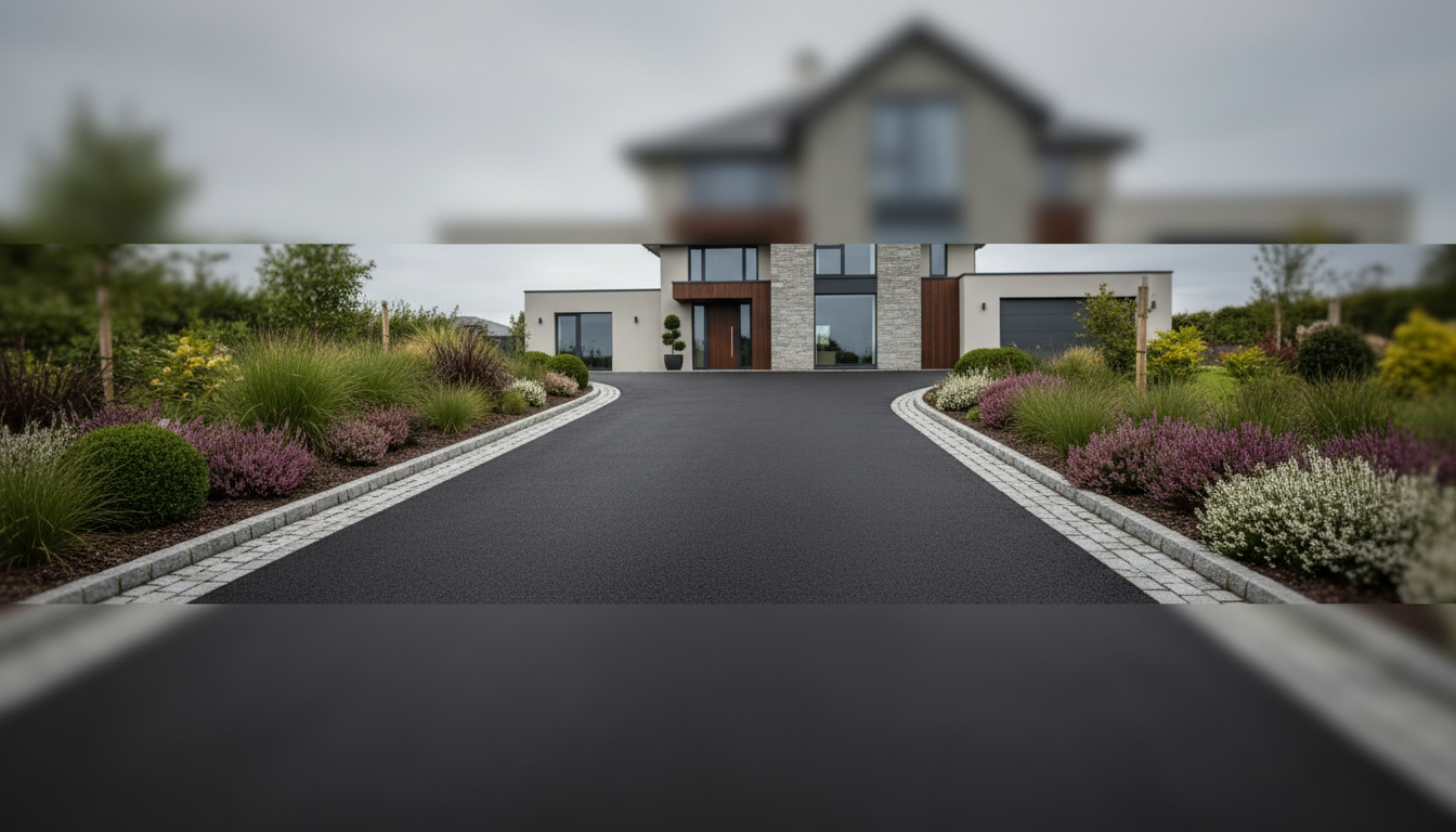Freshly finished tarmacadam driveway with granite cobble edging in Dublin