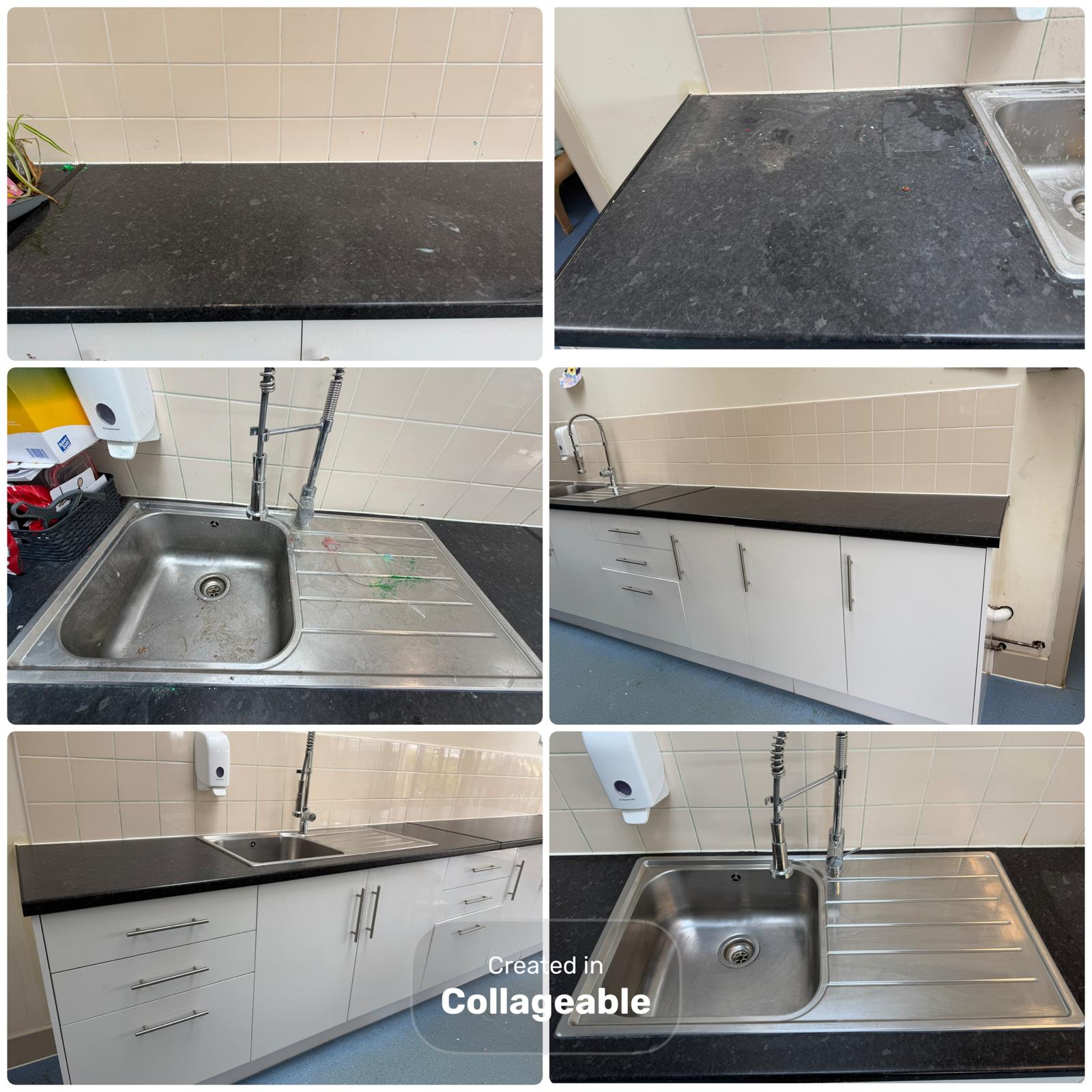 Commercial kitchen worktops and sink before and after