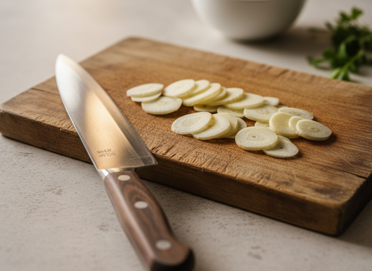 Peel and thinly slice the garlic