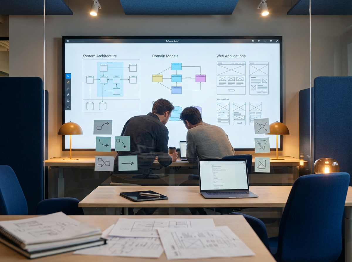 Software design workshop with architecture diagrams and domain models on a digital whiteboard