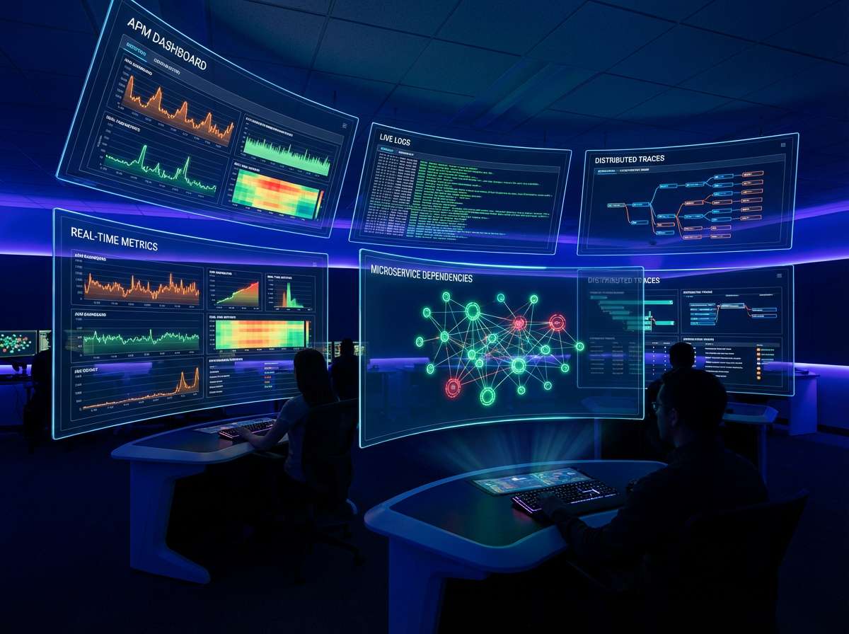 Observability command center with APM dashboards, distributed traces, and real-time metric visualizations