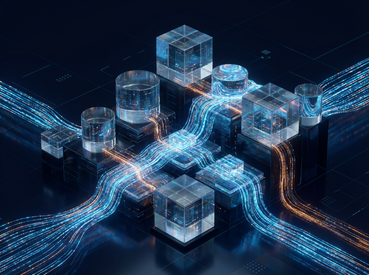 Abstract data warehouse architecture with glass cubes and cylinders connected by glowing data streams