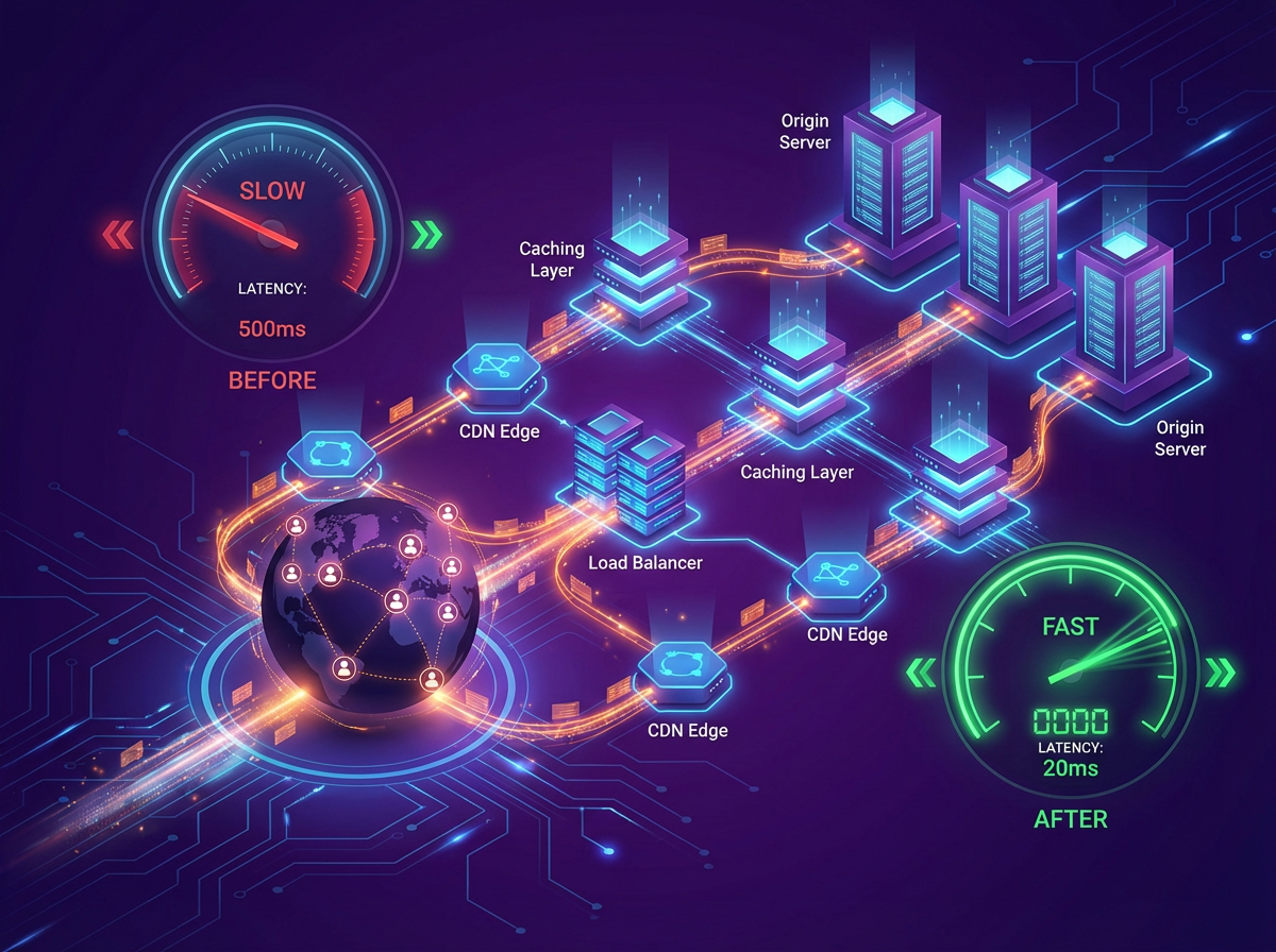 Global CDN and load testing visualization showing optimized request paths and latency improvements