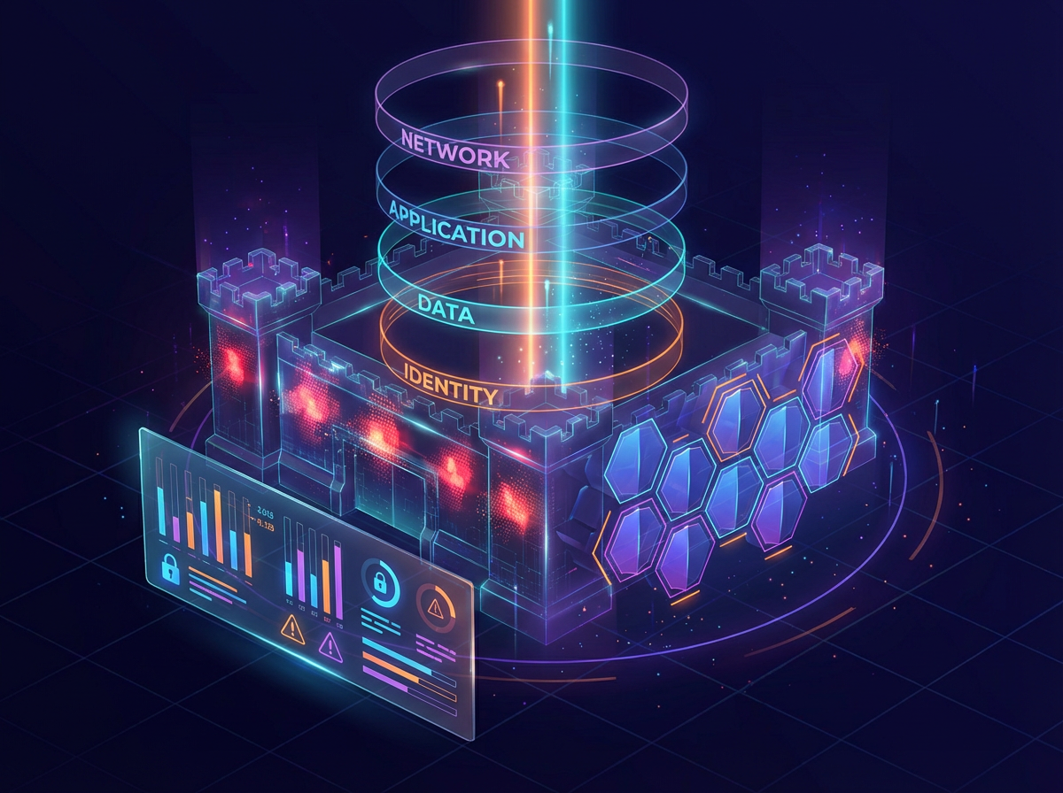 Security baseline assessment — holographic digital fortress being scanned layer by layer revealing vulnerabilities