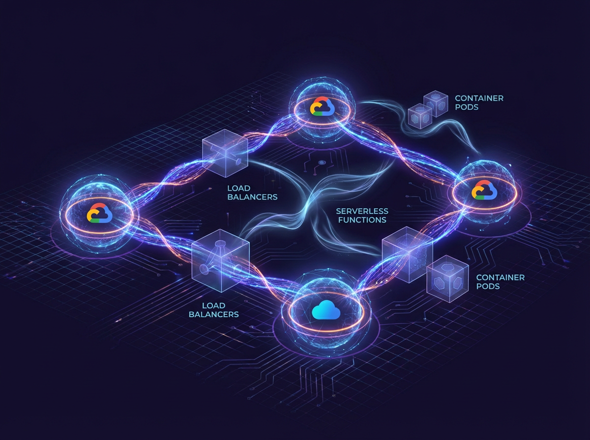 Multi-cloud architecture visualization with interconnected cloud nodes and encrypted data streams