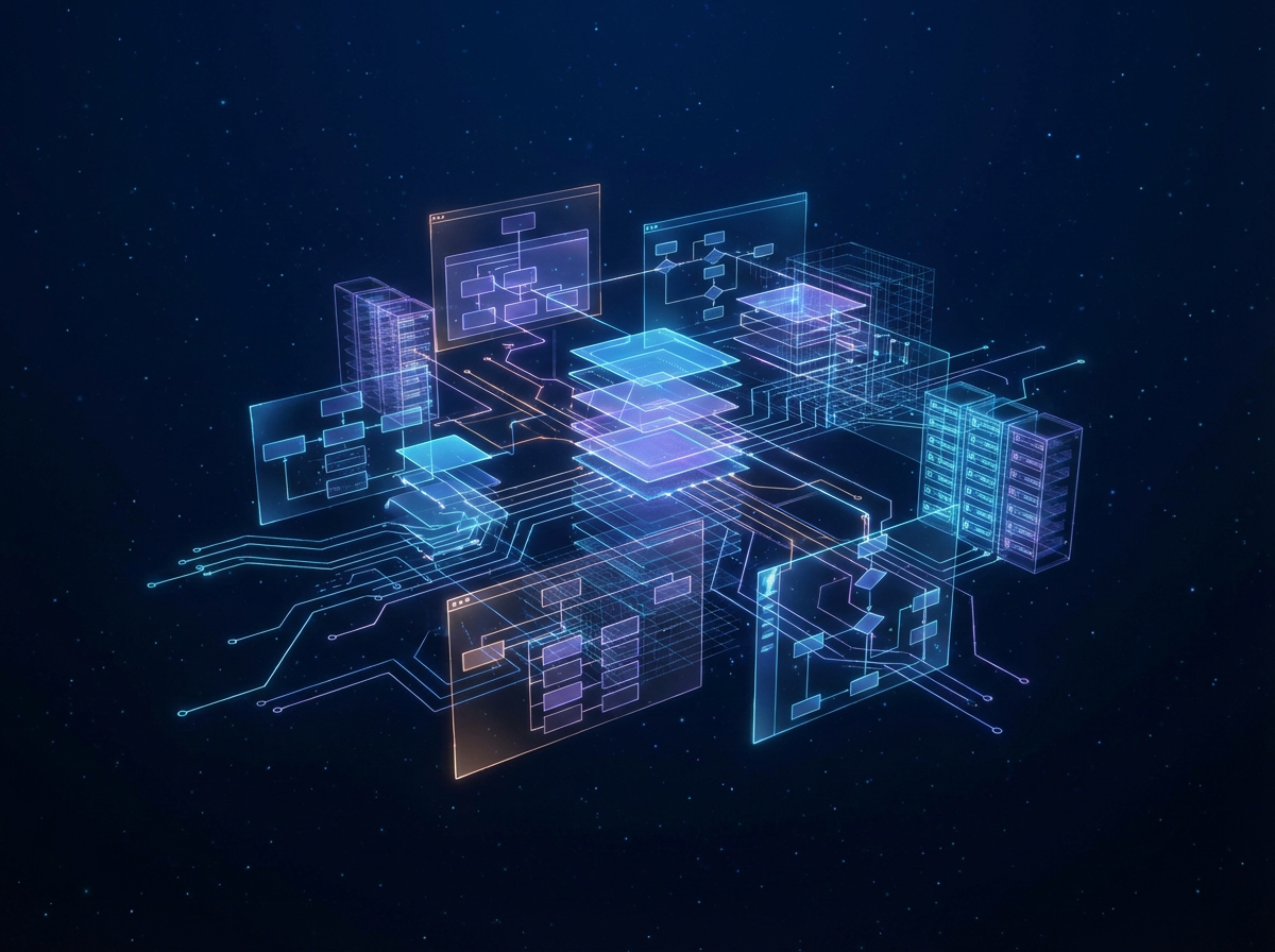 Software architecture blueprint visualization with interconnected system components and data flow diagrams