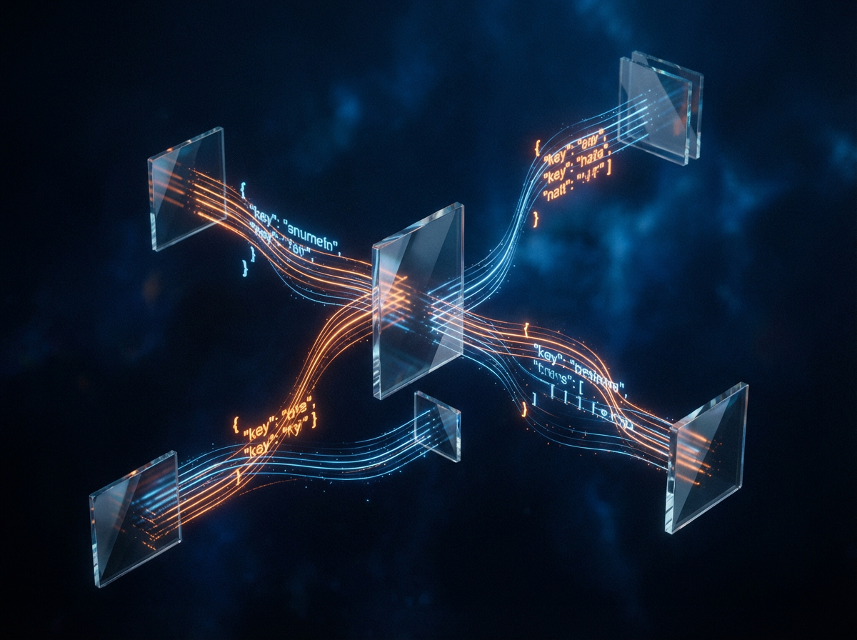 Abstract visualization of API data flowing between interconnected service panels