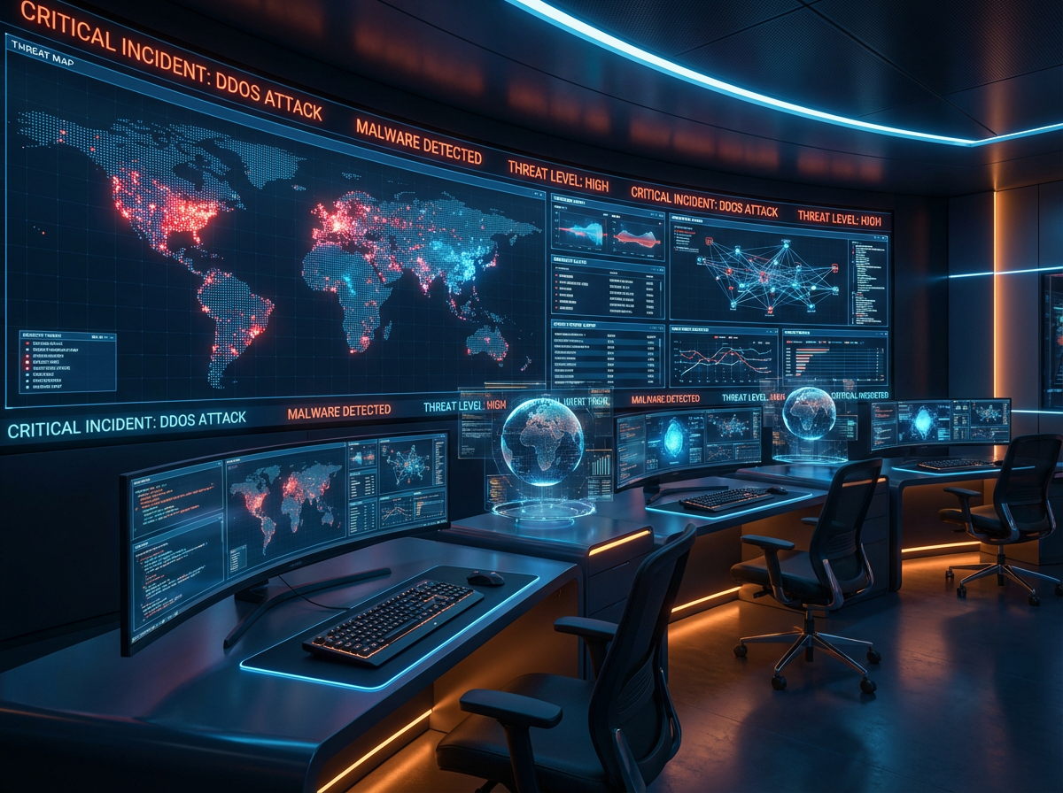 Modern security operations center with threat dashboards and real-time monitoring screens