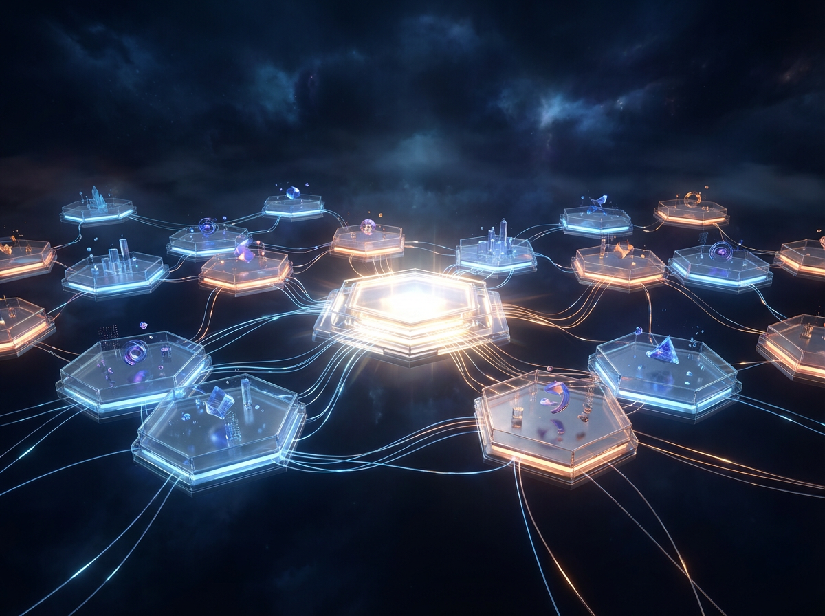Data mesh visualization with hexagonal domain platforms connected by governance bridges