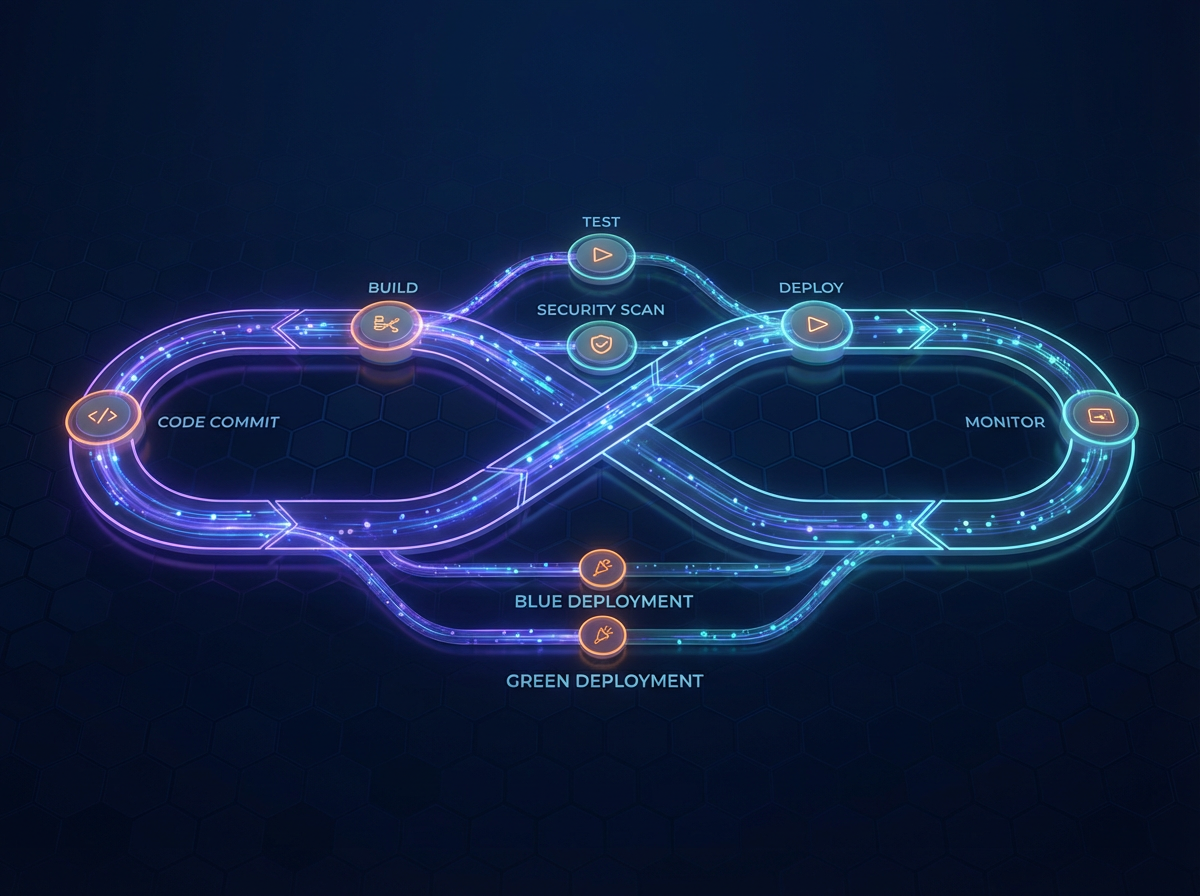 DevOps CI/CD infinity-loop pipeline showing code commit, build, test, security scan, deploy, and monitor stages