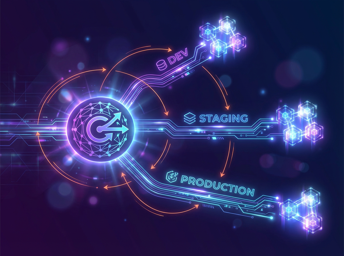 GitOps automated deployment — central Git repository radiating into dev, staging, and production environment lanes