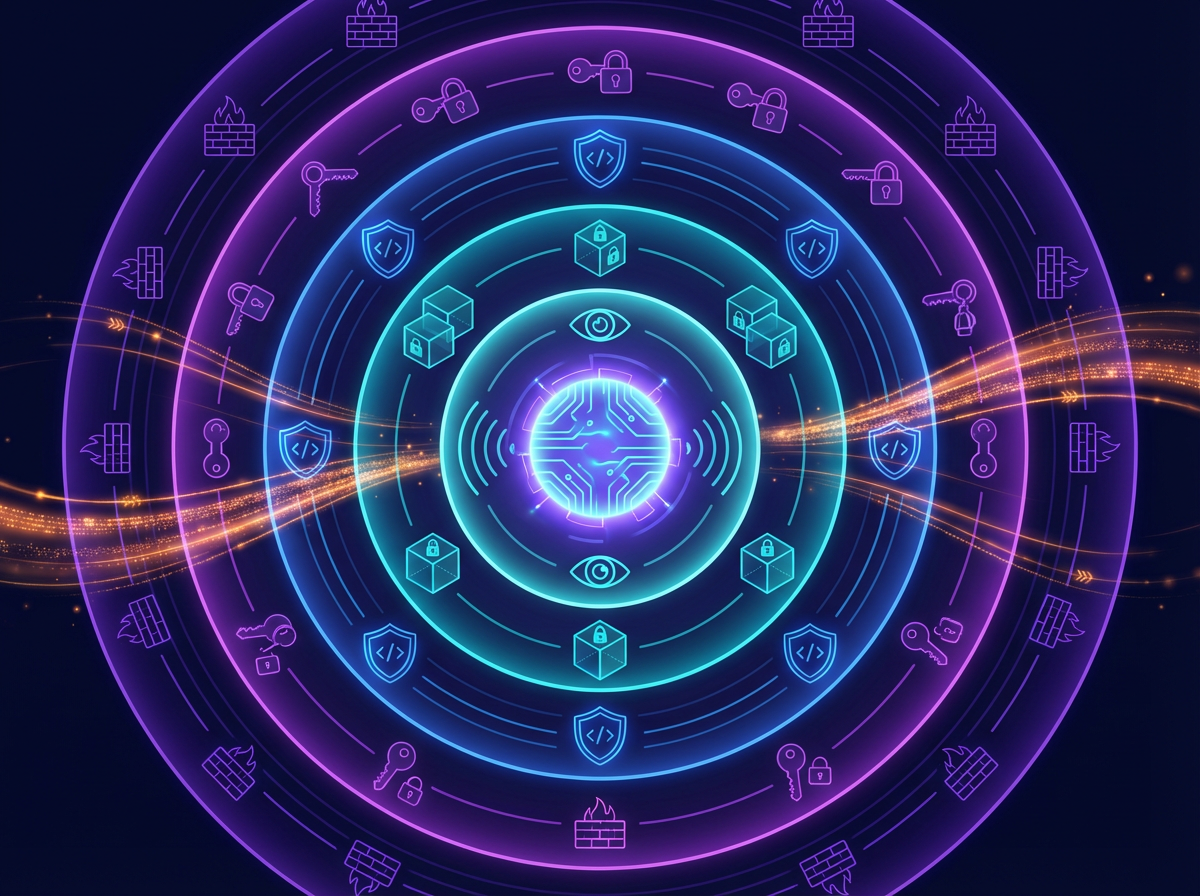 Defence-in-depth hardening — concentric rings of protection around a core data asset with automated hardening flows