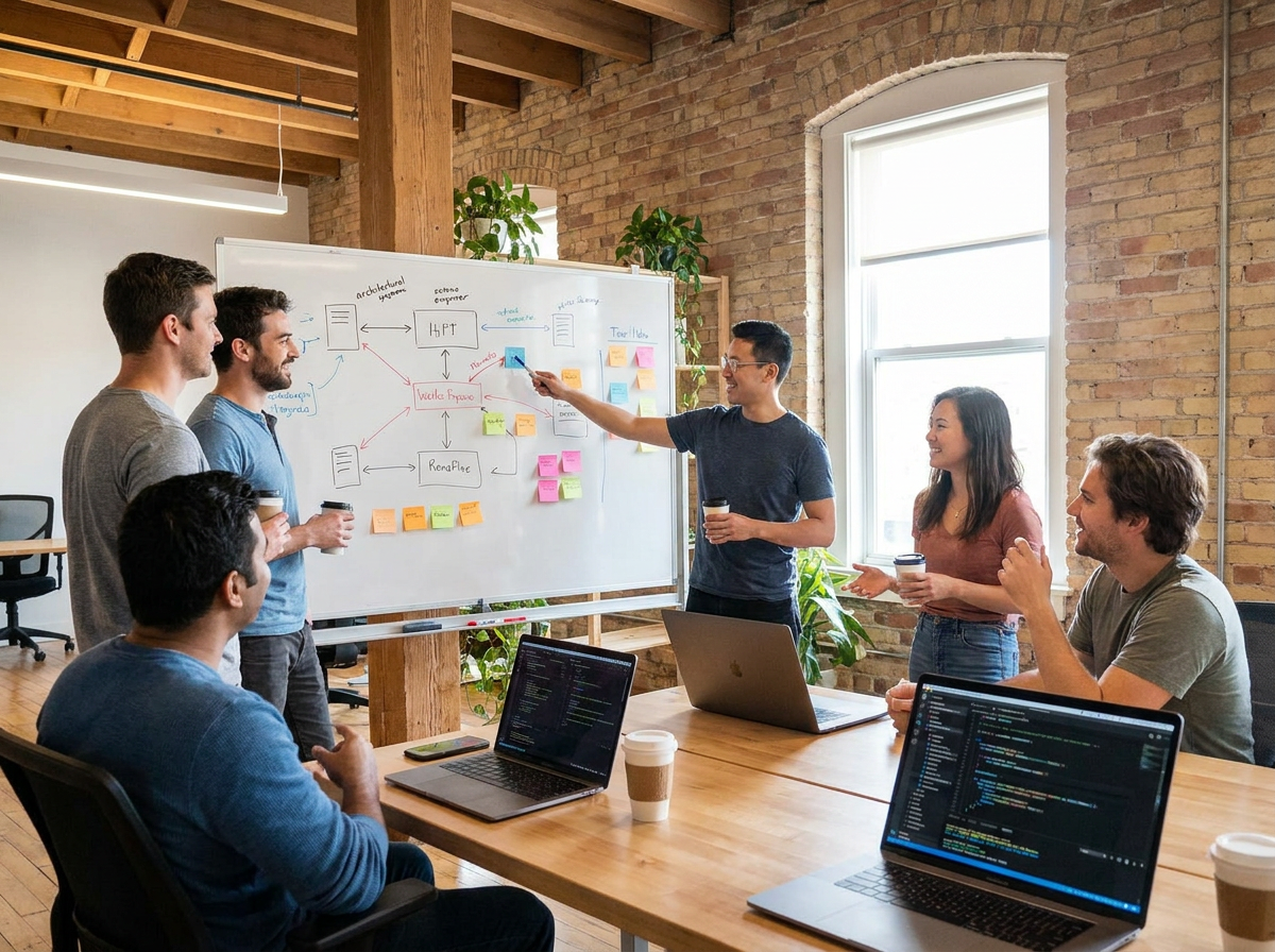 Engineering team in a collaborative code review session
