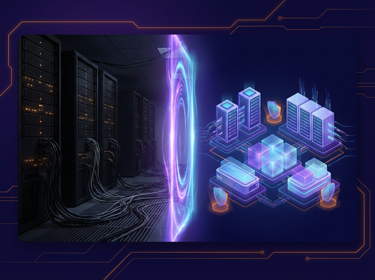 Legacy infrastructure transforming into modern containerized microservices architecture