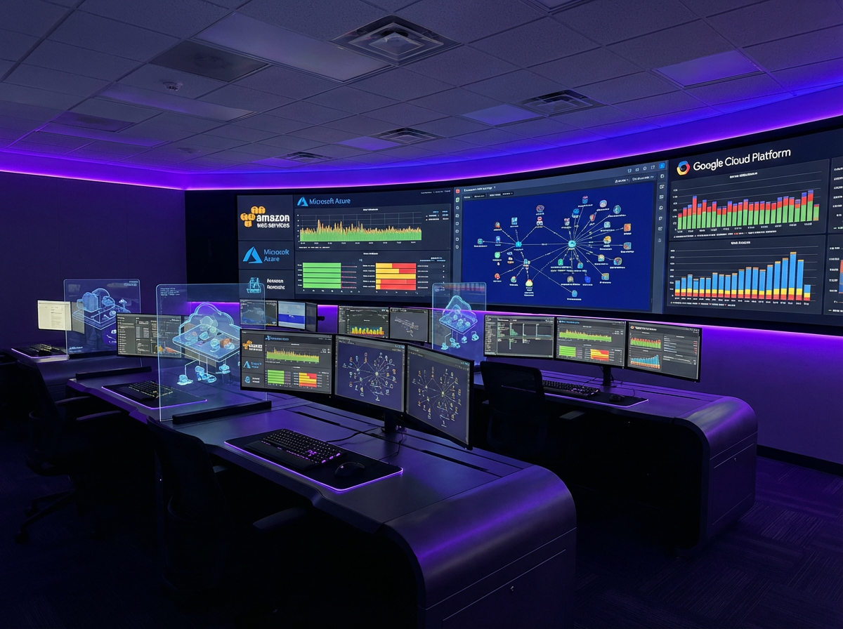 Cloud infrastructure command center with multi-cloud dashboards and network topology maps