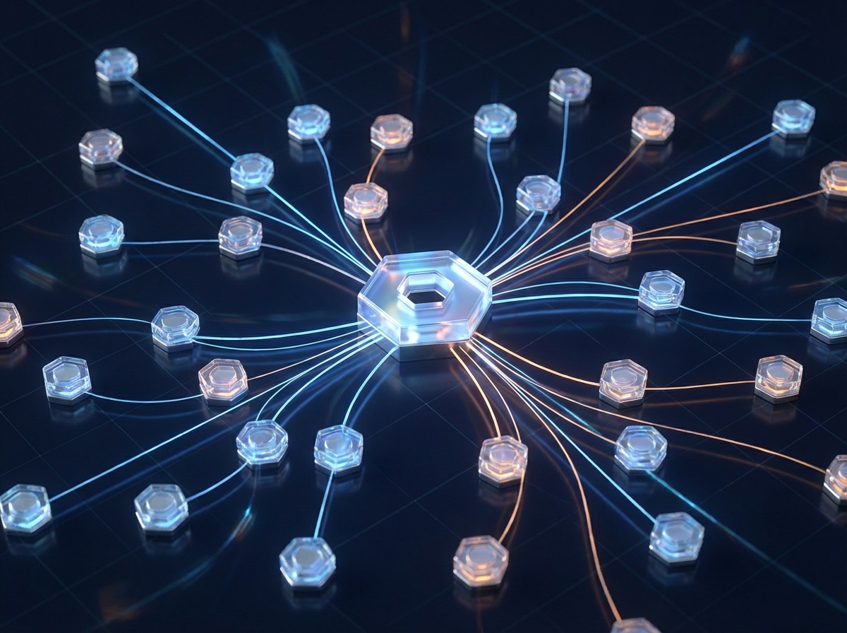 Microservices architecture visualization with hexagonal service nodes connected by data streams