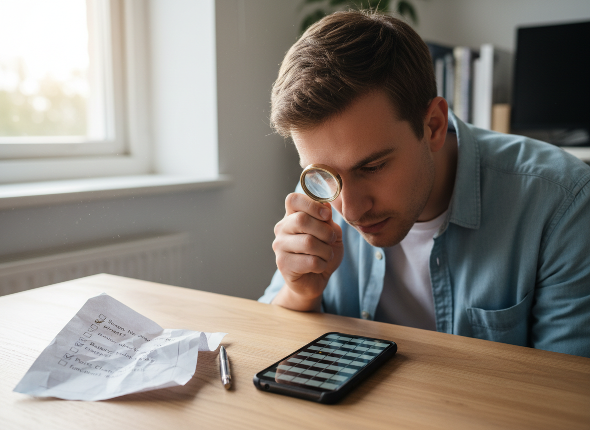 Person carefully examining a used phone with a checklist