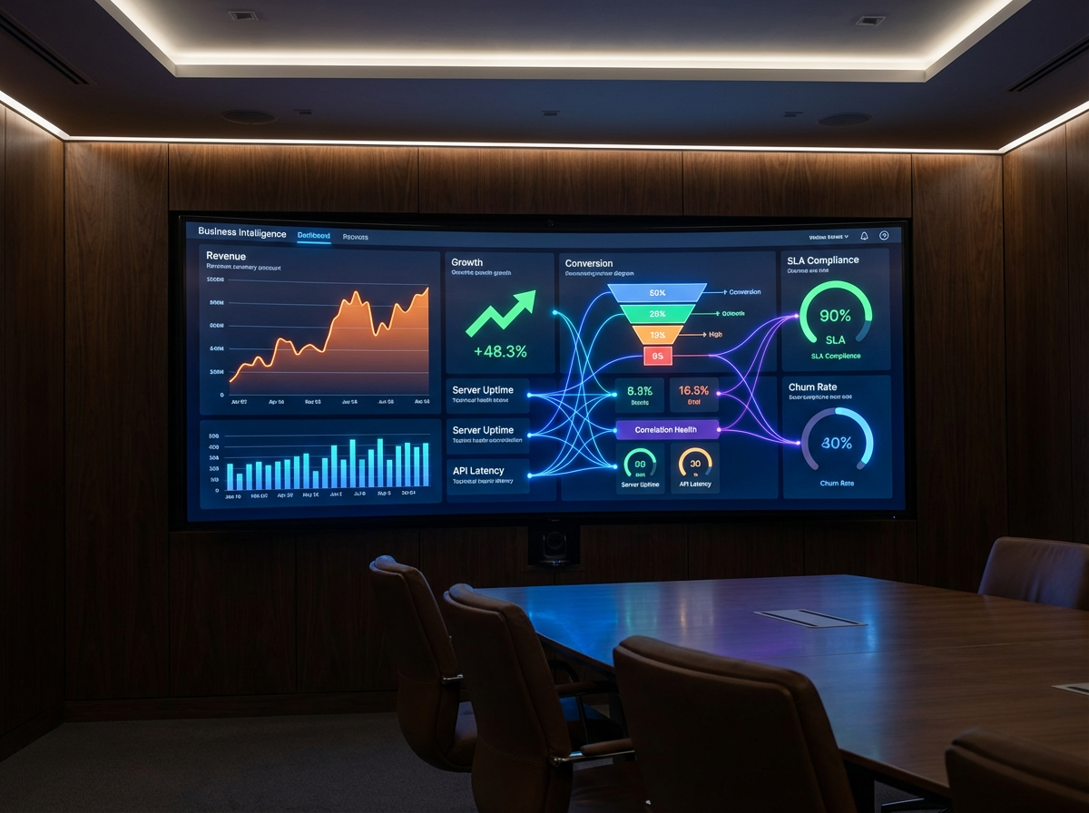 Executive KPI dashboard showing real-time revenue, conversion funnels, and SLA compliance connected to technical health indicators