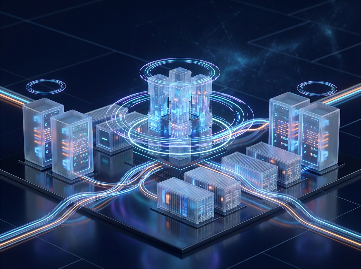 Cloud infrastructure orchestration with server towers and automation pipelines