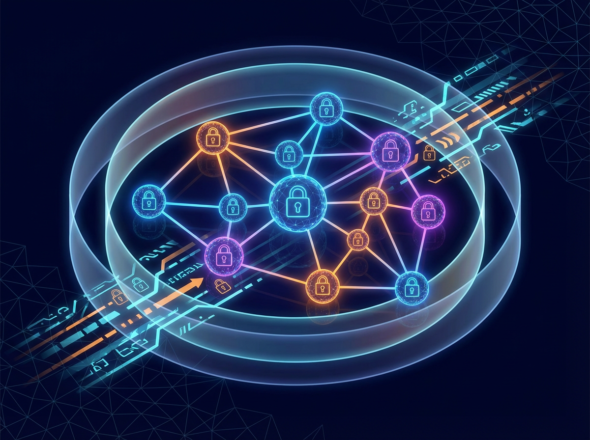 Zero-trust security architecture visualization with interconnected encrypted nodes and firewall layers