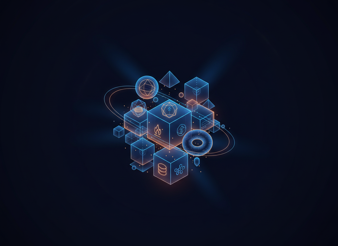Abstract visualization of cloud-native microservices architecture with glowing interconnected nodes