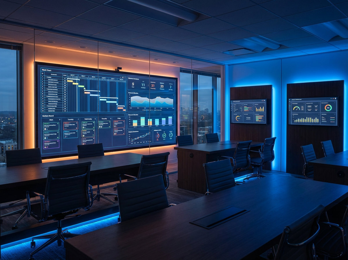 Modern project management war room with digital Gantt charts and sprint boards