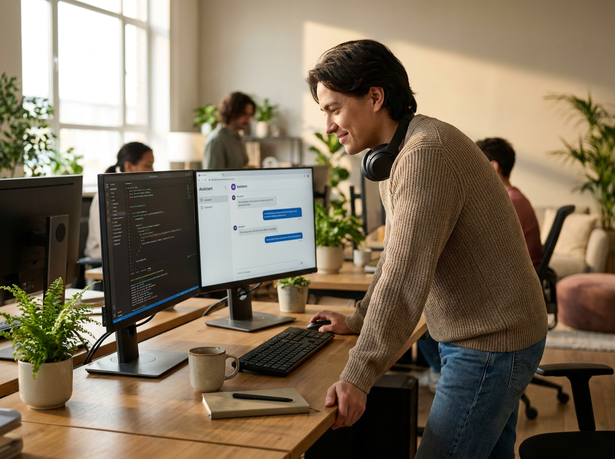 Developer working with AI coding tools in a modern office