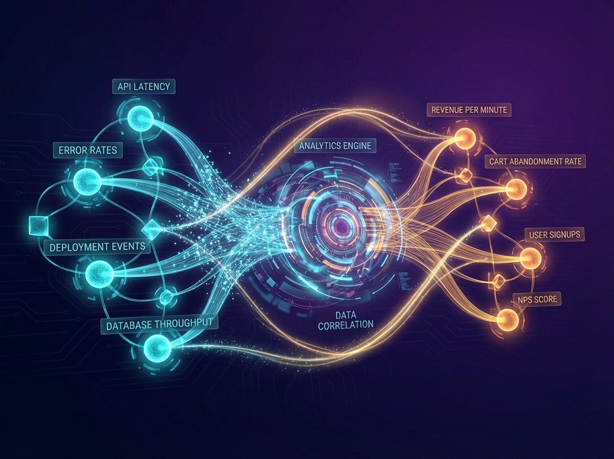 Data pipeline connecting technical system metrics to business KPI outcomes through a correlation analytics engine