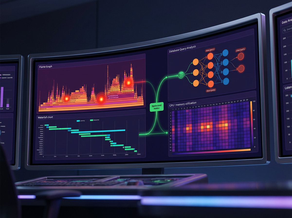 Performance profiling dashboard with flame graphs, latency waterfalls, and bottleneck analysis