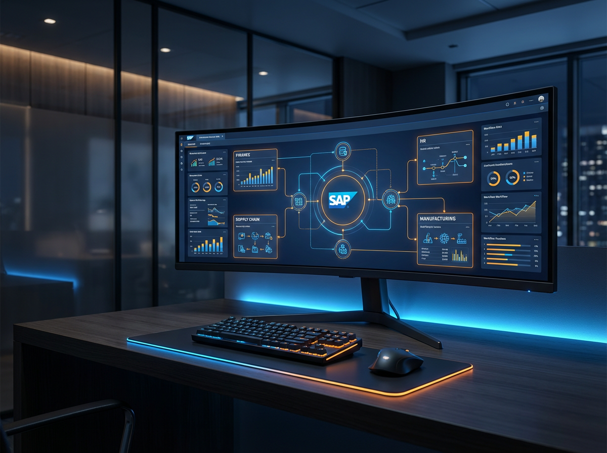SAP enterprise dashboard showing Finance, HR, Supply Chain, and Manufacturing modules