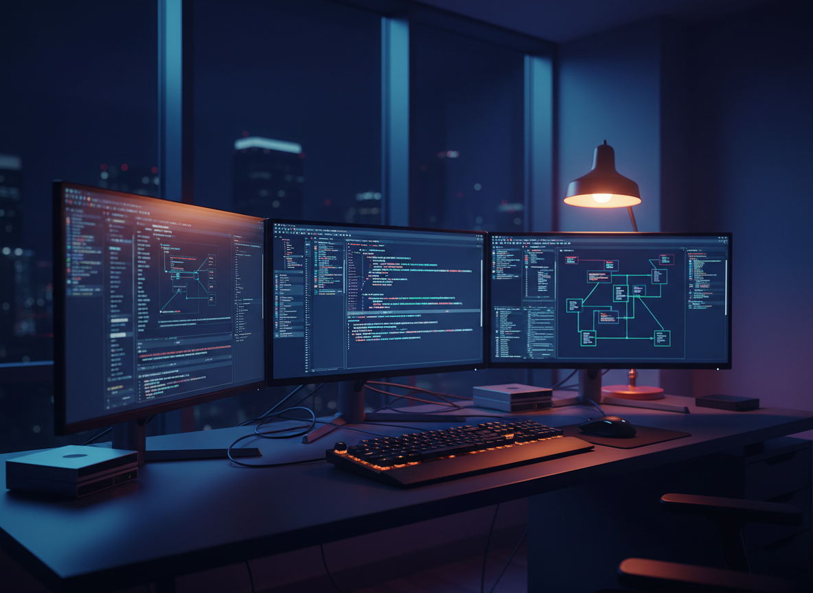 Modern software engineering workspace with multiple monitors displaying code and architecture diagrams