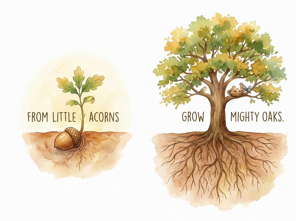 An acorn transforming into a flourishing oak tree with deep roots