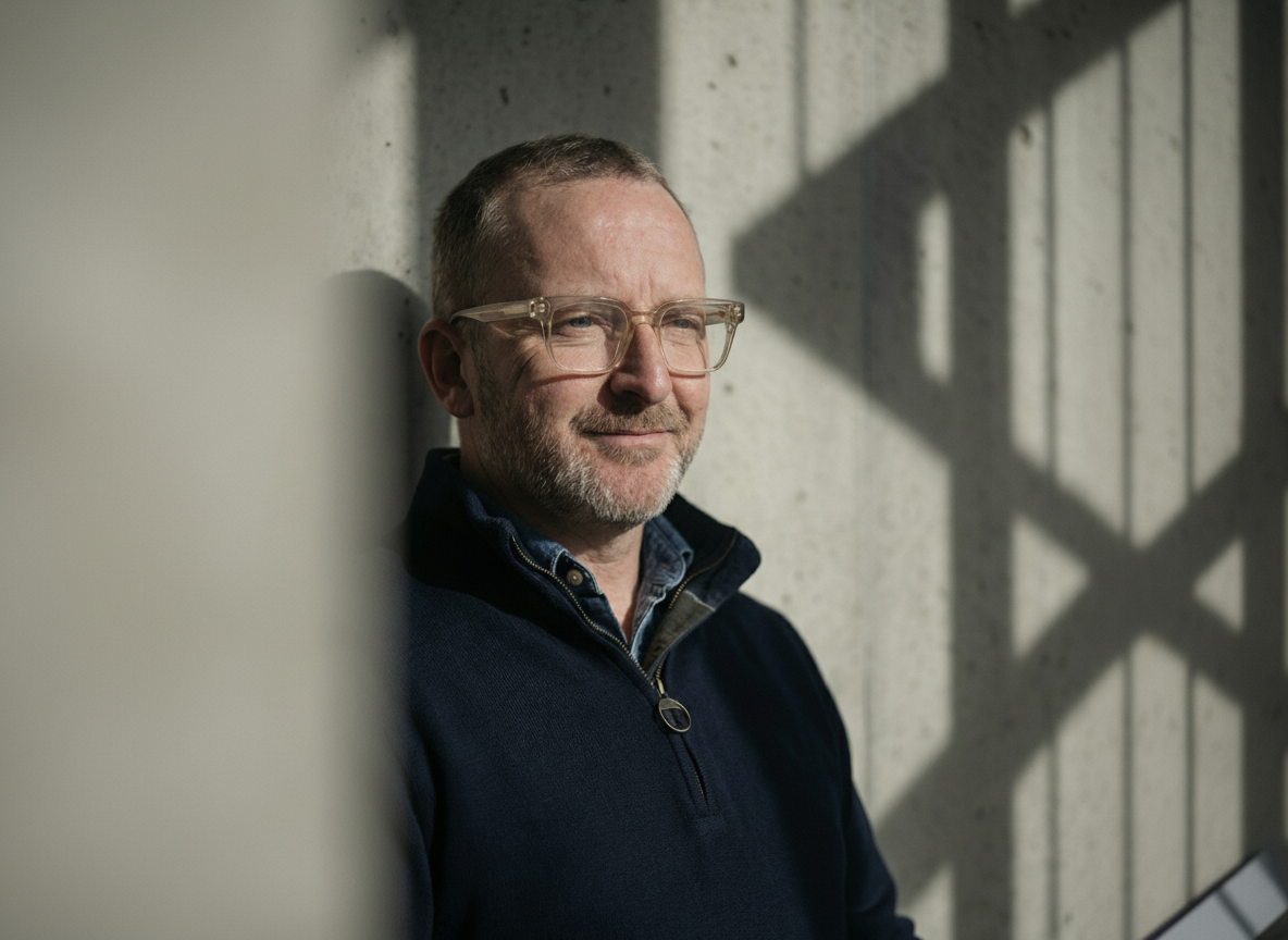 Alex Auld, founder of Haus Handle, leaning against a concrete wall with dramatic natural light