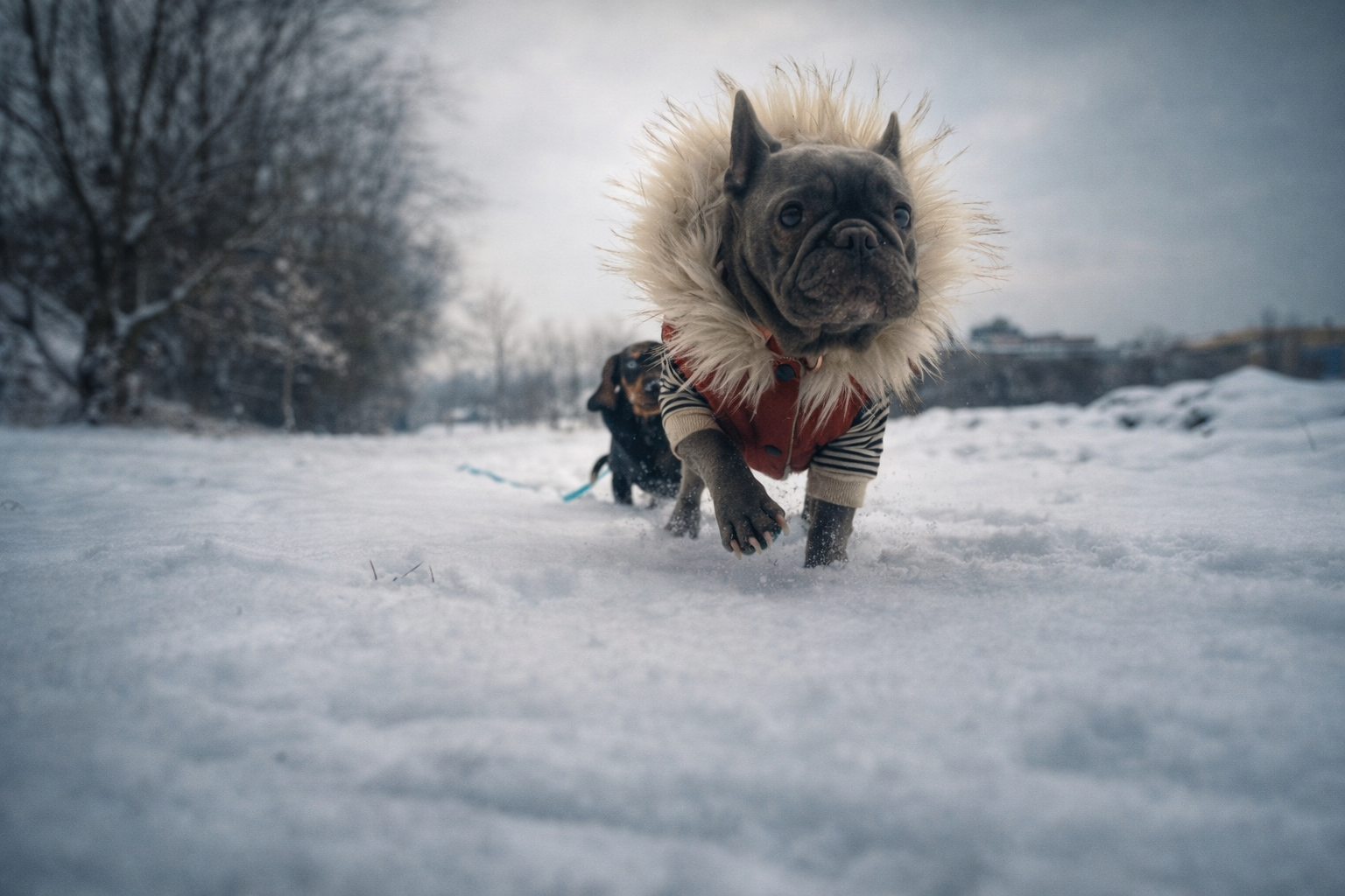 Geralds Hunde im Schnee – Französische Bulldogge und Dackel in Winterlandschaft