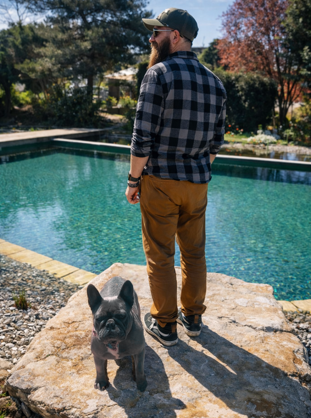 Gerald Murhammer – Gründer von ehrlich gefressen, mit seiner Französischen Bulldogge am Pool
