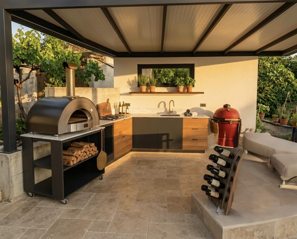 INAJ vanjska kuhinja s pizza peći i kamado roštiljem