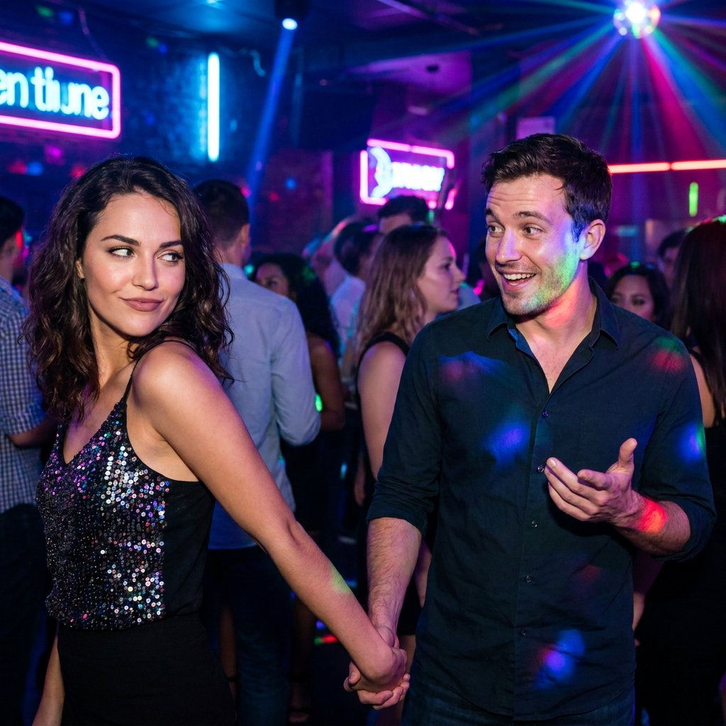 A confident dance host leading a pleasantly surprised man onto the dance floor