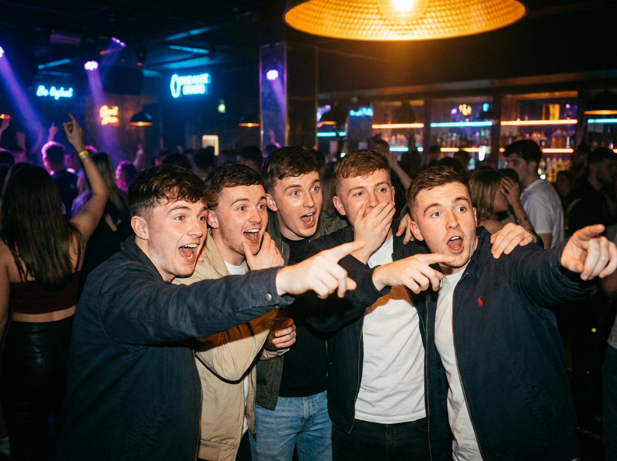 Friends in a club looking shocked as their mate gets picked to dance